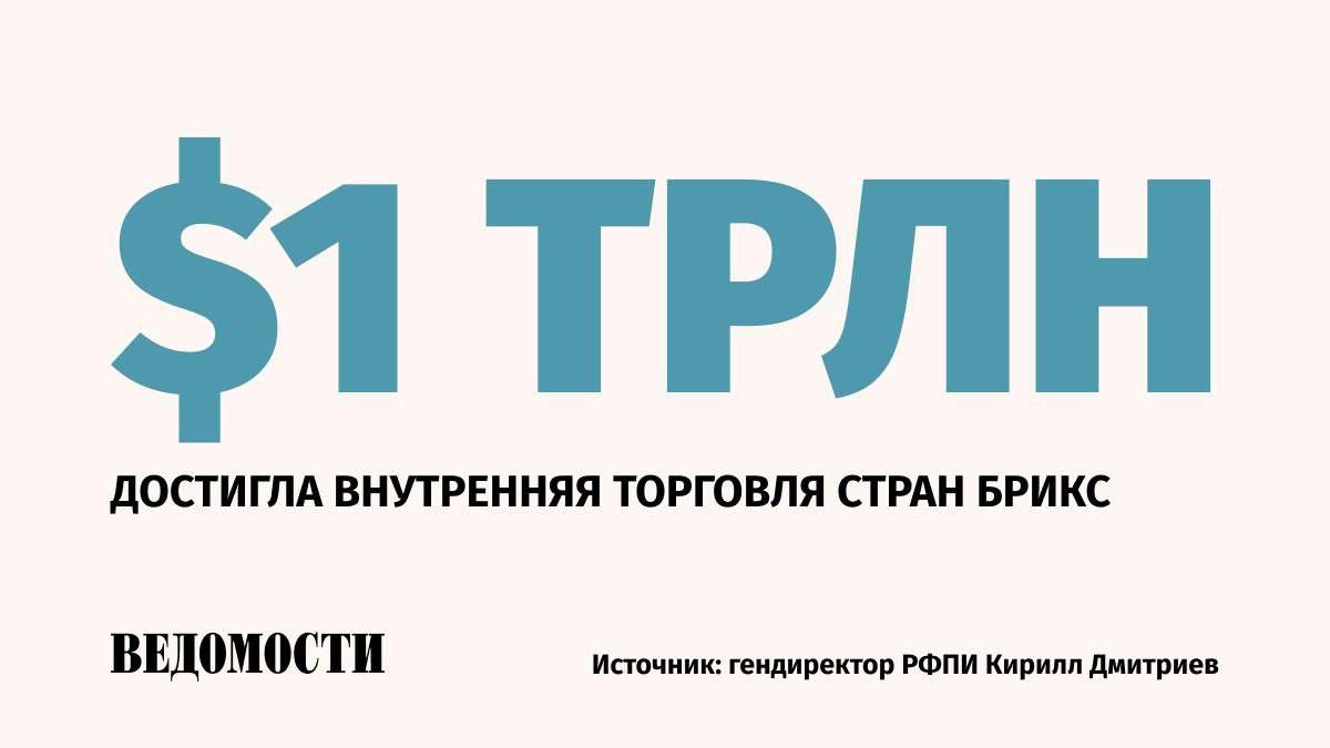 Внутренняя торговля стран БРИКС cоставила $1 трлн, сообщил спецпредставитель президента, гендиректор Российского фонда прямых инвестиций Кирилл Дмитриев. «Значимый рубеж, подтверждающий укрепление экономических связей и рост роли объединения в формировании новой архитектуры мировой экономики», - написал Дмитриев в своем Telegram-канале. Подпишитесь на «Ведомости»