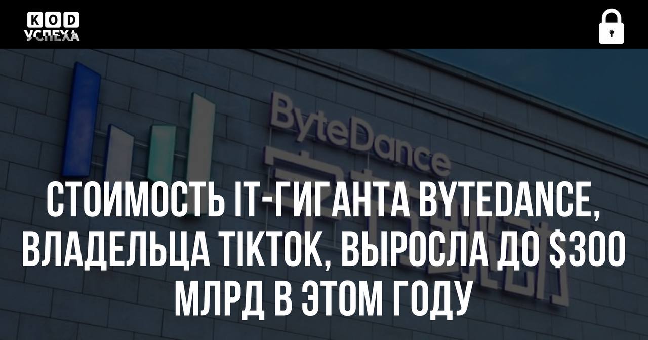 Стоимость ByteDance, владельца социальной сети TikTok, выросла до 300 миллиардов долларов, несмотря на потенциальный запрет в США.   По данным The Wall Street Journal и Reuters, ByteDance объявила о третьем обратном выкупе акций по цене 180,7 долларов за акцию.   В декабре 2023 года акции оценивались в 160 долларов за акцию, а стоимость компании составляла 268 миллиардов долларов, что на 12,9% меньше.  Код успеха   Бизнес и Финансы