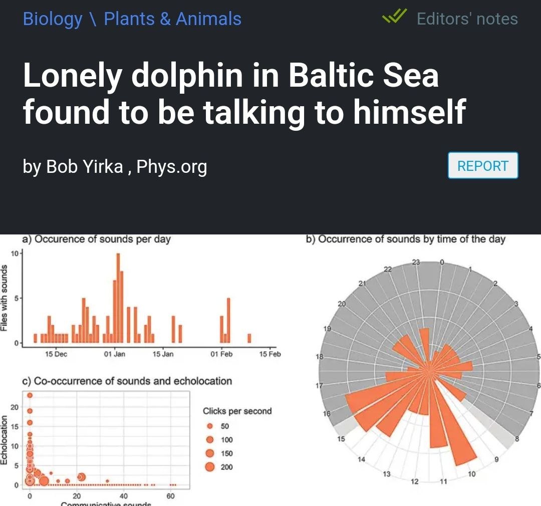 Биологи обнаружили в Балтийском море одинокого дельфина, который разговаривает сам с собой.  Делль  такую кличку ему дали местные  поселился там, где дельфины обычно не обитают. По теории учёных, он просто подружился с местными черепахами и решил остаться. Звуковые датчики показали, что Делль очень общительный, несмотря на отсутствие сородичей, и издаёт много звуков, будто разговаривает сам с собой.  Нет, я не плачу, просто дельфин в глаза попал