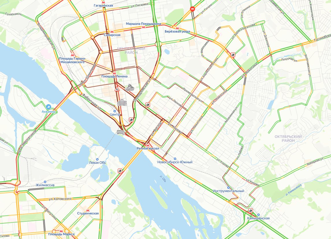 Новосибирск встал в огромных пробках  Ситуация на дорогах сегодня вечером плачевная. Весь центр города замер в 9-балльных пробках. Положение на Октябрьском и Димитровском мосту не лучше.    На улицах Кирова, Ипподромской, Октябрьской и на Октябрьском мосту замечены ДТП. На «Яндекс Картах» пробки оцениваются в девять баллов.  А вы успели добраться домой без пробок?    — да   — нет