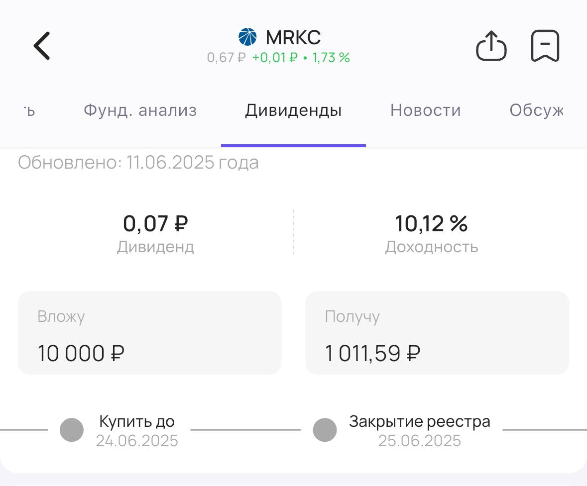 Россети Центр утверждает дивиденды Акционеры электросетевой компании Россети Центр #MRKC утвердили выплату дивидендов за 2024 год. Теперь их точно выплатят! Размер дивиденда — 0,067638₽ на акцию. Доходность 10,12% Последний день для покупки акций для получения дивидендов — 24 июня #дивиденды