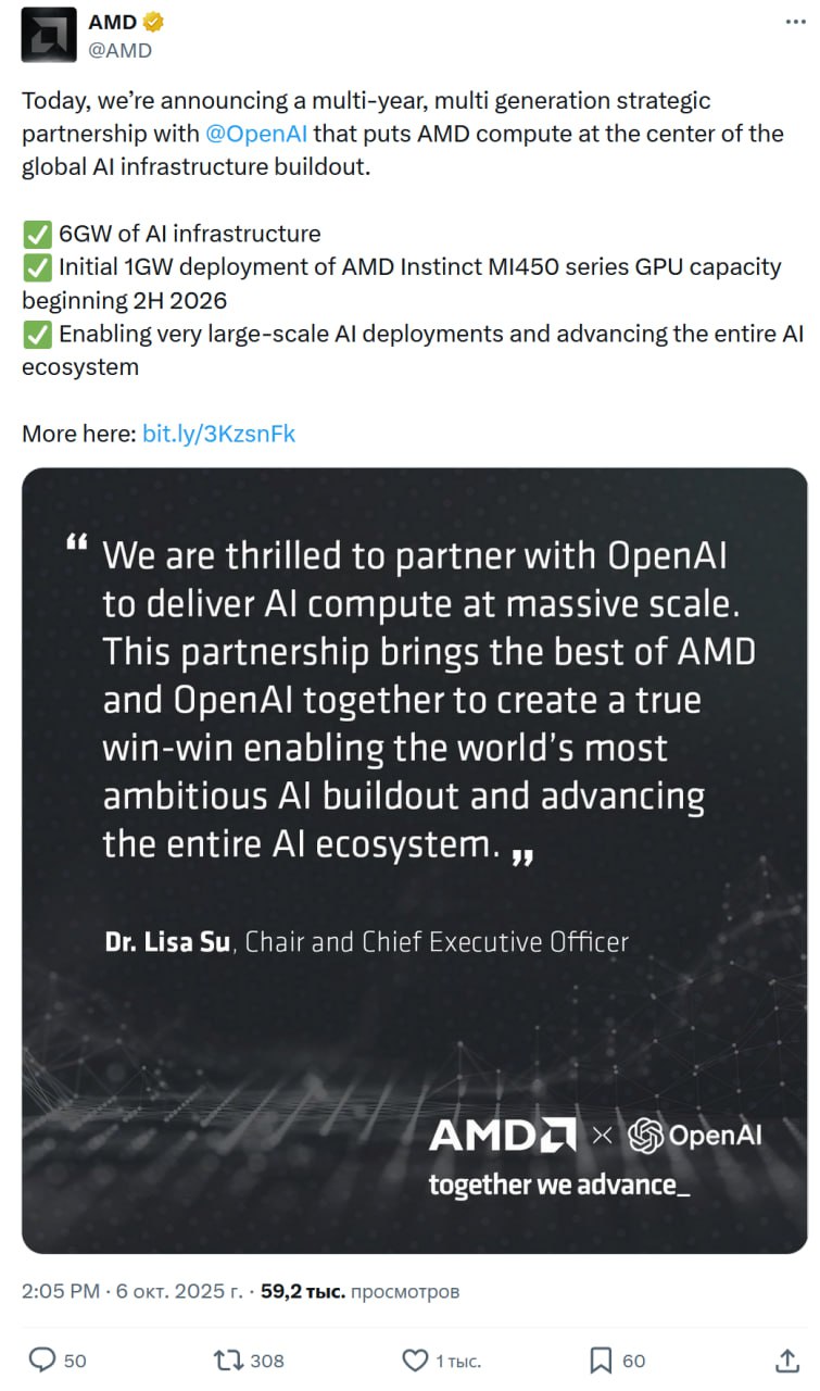 OpenAI выбрала ускорители AMD Instinct MI450 для своей ИИ инфраструктуры главным параметром измерения которой названо даже не количество видеокарт или токенов в секунду а энергопотребление 6 ГВт Первый гигаватт будет закуплен установлен и запущен во второй половине будущего 2026 года Далее могут быть использованы уже и более новые ускорители AMD доступные на тот момент Проект рассчитан на 5 лет В рамках соглашения AMD выдала OpenAI ордер на до 160 миллионов обыкновенных акций AMD структурированных для передачи по мере достижения конкретных вех Мы очень рады сотрудничать с OpenAI для доставки вычислений ИИ в массовом масштабе сказал д р Лиза Су председатель и главный исполнительный директор AMD Это партнерство объединяет лучшее из AMD и OpenAI чтобы создать истинный беспроигрышный вариант позволяющий самому амбициозному в мире создавать ИИ и продвигать всю экосистему ИИ Это партнерство является важным шагом в создании вычислительного потенциала необходимого для реализации полного потенциала ИИ сказал Сэм Альтман соучредитель и генеральный директор OpenAI Лидерство AMD в области высокопроизводительных чипов позволит нам ускорить прогресс и быстрее принести преимущества передового ИИ всем Построение будущего ИИ требует глубокого сотрудничества во всех слоях стека сказал Грег Брокман соучредитель и президент OpenAI Работа вместе с AMD позволит нам масштабировать масштабы чтобы предоставить инструменты ИИ которые приносят пользу людям во всем мире Ожидается что наше партнерство с OpenAI принесет десятки миллиардов долларов дохода для AMD одновременно ускоряя создание инфраструктуры ИИ OpenAI сказал Джин Ху вице президент финансовый директор и казначей AMD Это соглашение создает значительное стратегическое выравнивание и акционерную стоимость как для AMD так и для OpenAI и как ожидается будет очень аккумулировать прибыль AMD на акцию