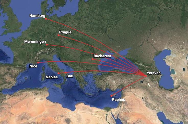 Wizz Air запустит сразу 8 новых маршрутов из Еревана в Европу, пишут армянские СМИ со ссылкой на соцсети авиакомпании. Билетыуже есть в продаже на сайте wizzair.com. Вот список новых направлений из Еревана: Гамбург — с 1 октября по 3 рейса в неделю от $82 Мемминген — с 28 октября по 2 рейса в неделю от $82 Неаполь — с 15 октября по 3 рейса в неделю от $37 Бари — с 26 октября по 2 рейса в неделю от $42 Бухарест — с 26 октября по 2 рейса в неделю от $37 Пафос — с 2 октября по 2 рейса в неделю от $35 Ницца — с 2 октября по 3 рейса в неделю от $54 Прага — с 1 октября по 3 рейса в неделю от $70 Напомним, что из Еревана в Прагу не пустят россиян с туристической визой. В Германию надёжнее всего лететь по немецкой визе, остальные страны открыты для туристов.