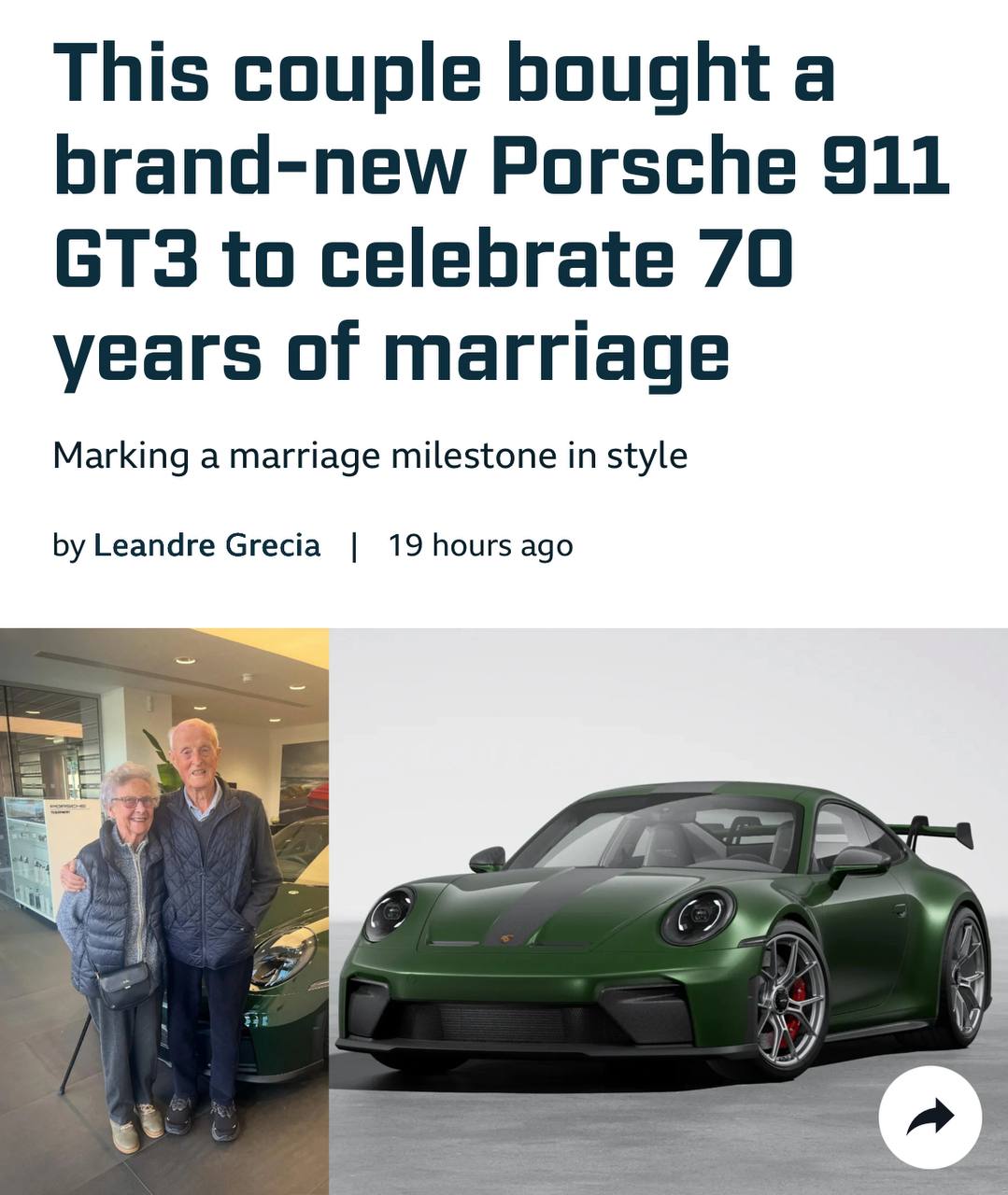 Пара 92 летних пенсионеров купила Porsche 911 GT3 в подарок себе на годовщину Так пожилые британцы отметили 70 лет совместной жизни вместо тихого ужина они приобрели немецкий суперкар на 500 сил Машина была их мечтой investingcorp