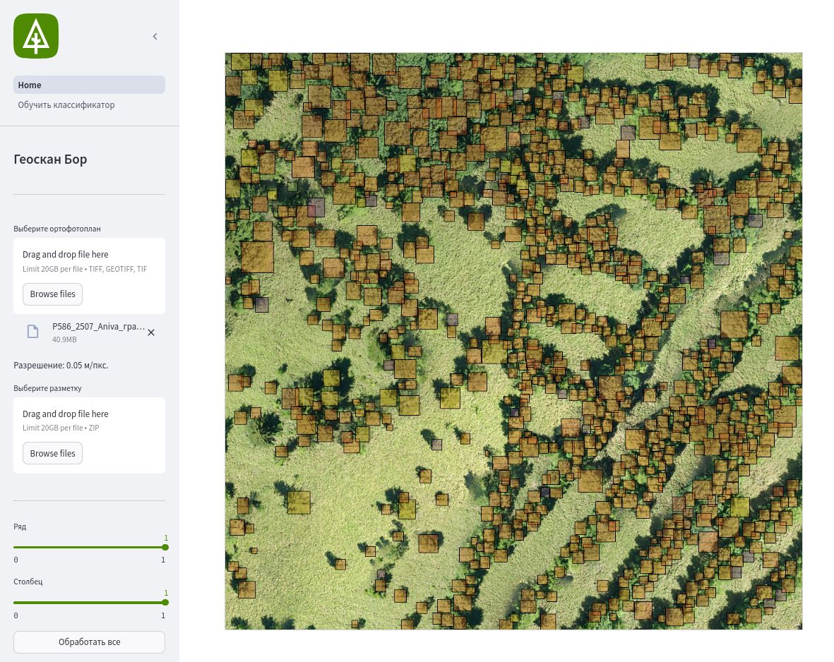 Геоскан впервые использовал искусственный интеллект для оценки результатов лесовосстановления по данным с БАС Работы прошли в Анивском лесничестве Сахалинской области на территории которая на сегодняшний день отличается полной транспортной недоступностью Использование БАС в сочетании с технологиями ИИ дает возможность обследовать недоступные и удаленные участки и устранить влияние субъективной оценки таксационных характеристик которая часто проводится методом визуального осмотра Фотограмметрическая обработка велась в Agisoft Metashape а классификация и подсчет растительности выполнялись в разработанном Геосканом программном комплексе Бор который использует нейросетевые технологии Алгоритмы искусственного интеллекта выявили отдельные деревья определили породы рассчитали высоты и диаметры выделили реальные границы участков классифицировали растительность по категориям Общая площадь проанализированного участка превысила 860 га Такой метод позволяет значительно сократить сроки и трудозатраты исключает человеческий фактор и снижает стоимость работ по сравнению с традиционными методами утверждает руководитель направления применения БАС в лесном хозяйстве ГК Геоскан Екатерина Лысун Ортофотопланы пополнили базу данных региональной информационной системы Цифровой двойник Сахалинской области Ранее мы рассказывали как компания помогает его создавать Дронофлот
