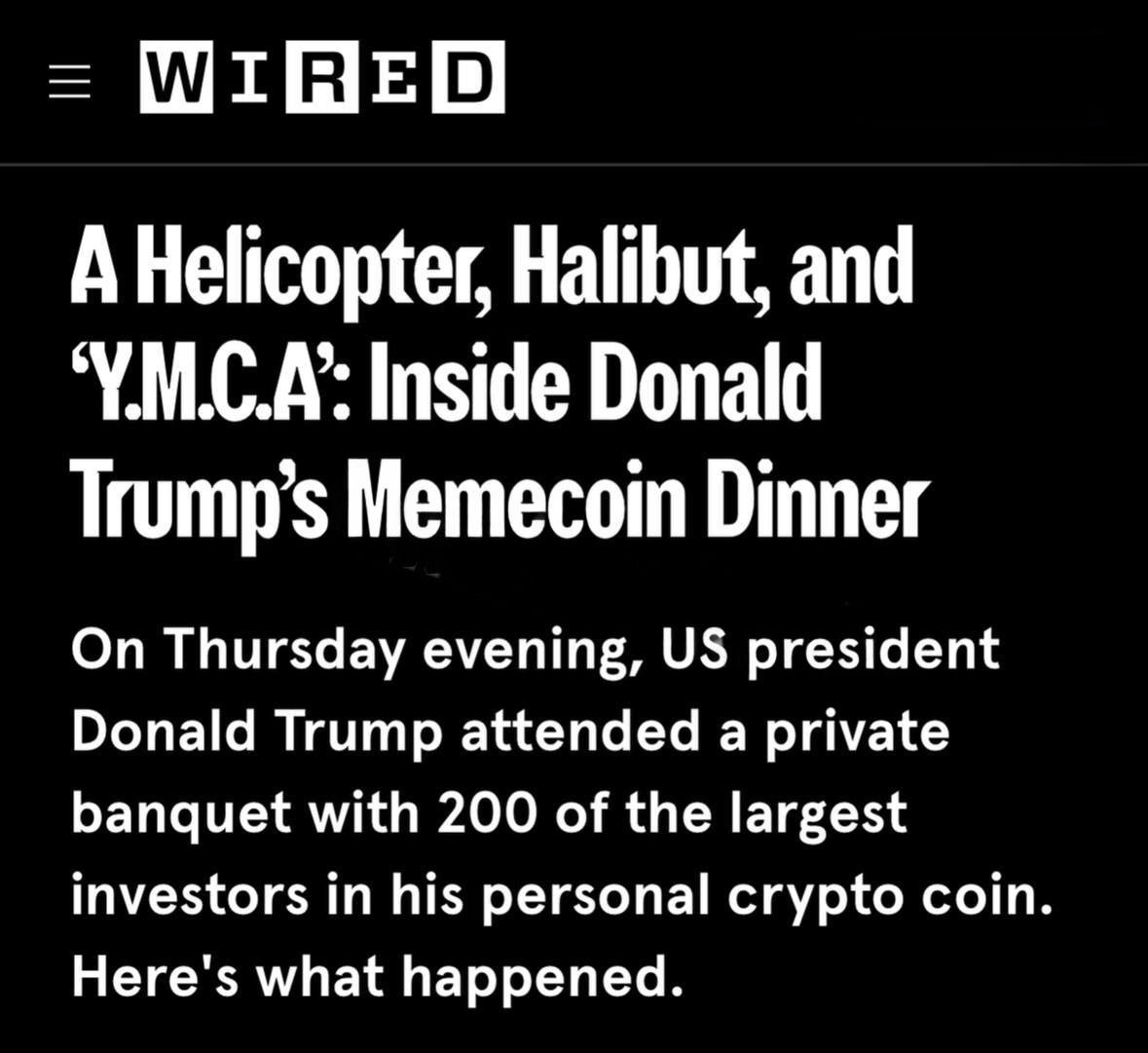 Ужин на мероприятии Трампа для инвесторов в его криптовалюту оказался хуже, чем еда в самолете на фото - одно из блюд . Приглашение на этот ужин, состоявшийся на прошлой неделе, обошлось каждому гостю в $1,7 млн. Прямой эфир