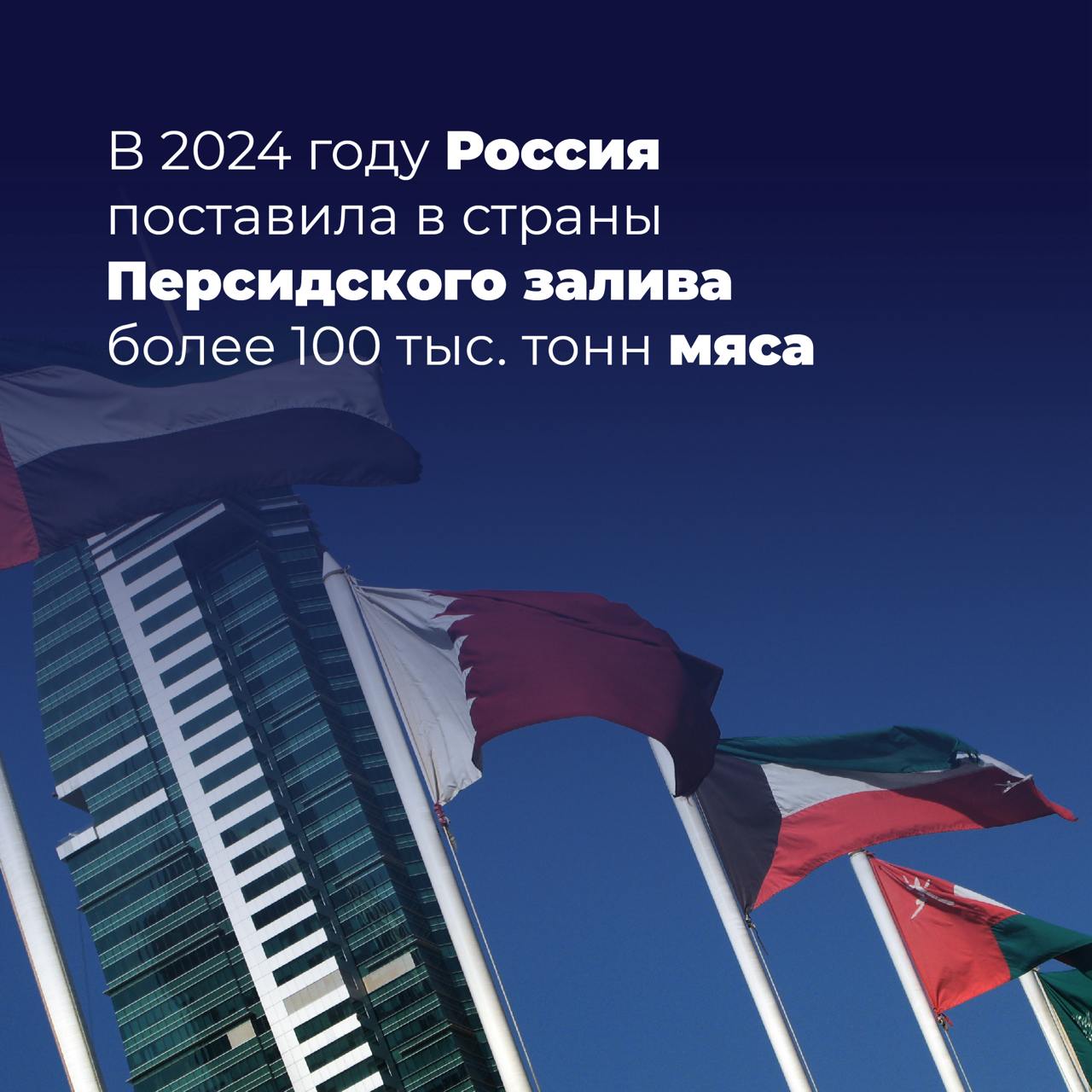 Россия нарастила поставки мяса в страны Персидского залива     В 2024 году российский экспорт мяса и пищевых субпродуктов в страны Персидского залива превысил 100 тыс. тонн — это на 57% больше, чем в 2023 году.   Структура поставок:    84% — куриное мясо   8% — говядина   5% — баранина   2% — мясо индейки  Лидеры по закупкам:    Саудовская Аравия — крупнейший покупатель, увеличивший импорт российского мяса на 66%  до 84 тыс. тонн .   ОАЭ — второе место, с ростом поставок в 2,3 раза  более 10 тыс. тонн .   Иран замыкает топ-3 импортеров.  Подробнее — читайте на нашем сайте.  #агроэкспорт #мясо #курица #говядина #СаудовскаяАравия #ОАЭ #Иран