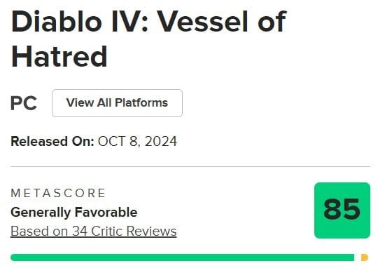 Оценки Diablo IV: Vessel of Hatred — потрясающее дополнение и крутой новый класс  Журналисты определились со своими оценками к Diablo IV: Vessel of Hatred: на Metacritic игра получила 85 баллов от ПК-критиков и 87 — от тех, кто играл на PS5.  По их словам, новая локация, класс и подземелье выдались очень хорошими. О дополнении говорят, что оно умело сочетает в себе лучшие элементы Diablo 2 и 3, но в современной оболочке. Однако при этом некоторых критиков не устроила длительность сюжетной кампании, а также не хватило развлечений для «хардкорных игроков».  Релиз Diablo IV: Vessel of Hatred состоится 8 октября в 02:00 по МСК. Будет ли дополнение переноситься на русский аккаунт, узнаем уже с релизом. Предзагрузка дополнения уже доступна, а сделать предзаказ можно в боте  .