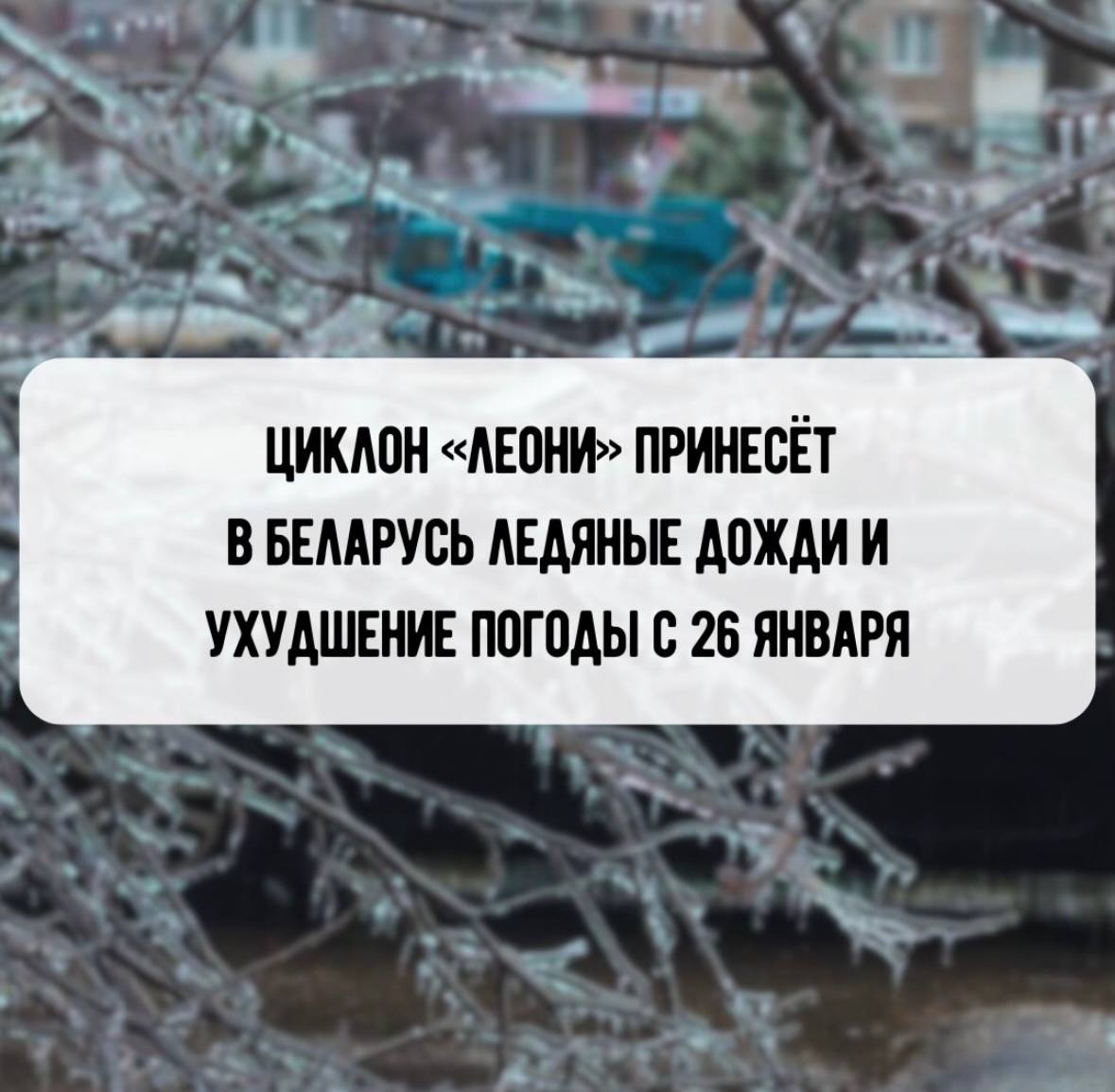 Циклон Леони принесёт в Беларусь ледяные дожди и ухудшение погоды с 26 января 25 января в страну начнёт поступать тёплый фронт циклона который принесёт осадки на большей части территории ожидаются ледяной и переохлаждённый дождь а на севере снег и метели Дорожная обстановка ухудшится из за гололедицы и снежного наката на севере К вечеру зона гололеда охватит большинство районов кроме северных Ветер будет юго восточный порывистый Ночью температура резко различается от 22 С на северо востоке до 5 C на юго западе Днём потеплеет до 1 7 С на юго западе до О 2 С а на северо востоке останется около 9 С Во второй половине дня тротуары станут очень скользкими В дальнейшем Скандинавский антициклон заблокирует движение циклона на север и центр Леони будет кружить западнее Беларуси По юго восточной части страны осадки выпадут преимущественно в виде дождя при слабоотрицательных температурах что приведёт к гололедным отложениям толщиной до 10 мм Это создаст риск падения ветвей деревьев и обрывов линий электропередач Грантоед by подписаться