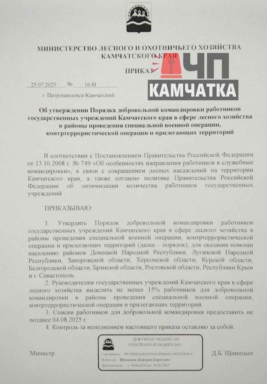 Во всех регионах Дальнего Востока, включая Камчатский край, массово распространяют документ о якобы командировании лесников в зону СВО.  Согласно данным «ЧП Камчатка», информация не нашла своего подтверждения. В некоторых регионах власти уже официально опровергли данный вброс!   Никаких распоряжений о командировании лесников в зону СВО не было и не планируется.  Предполагается, что вброс мог быть организован Центром информационно-психологических операций  ЦИПСО  с целью дезинформации.  Важно отметить! Распространение фейков, особенно связанных с СВО, может быть уголовно наказуемым  ст. 207.3 УК РФ .