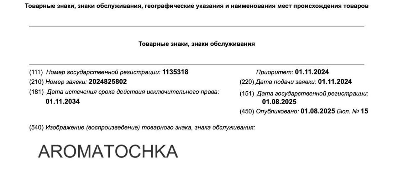 Парфюмерия «AROMAT OCHKA» появится в России   Бренд Aromatochka уже официально внесён в реестр — название расшифровывается как «ароматическая точка», объяснил предприниматель. Под брендом также будут продавать косметику и бытовую химию.