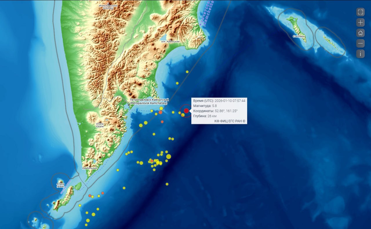Параметры землетрясения Мировое время 10 января 2026 07 57 44 по Камчатке 10 января 19 57 44 Координаты 52 8566 161 2486 Расстояние от ПК 178 километров Глубина КМ 25 8 Магнитуда Ml 5 8 При такой магнитуде будь эпицентр километрах в 100 тряхнуло бы баллов на пять