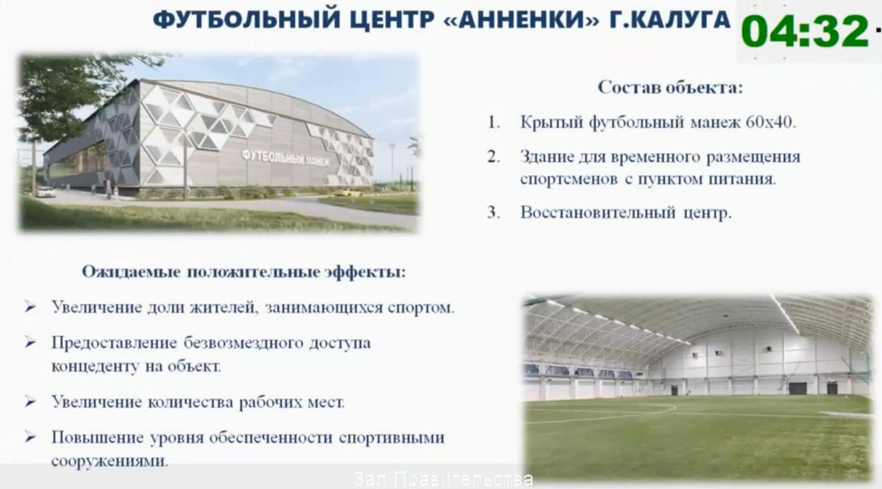 Футбольный центр планируют создать в Анненках в Калуге В него могут войти крытый футбольный манеж площадью 60 на 40 м здание для временного размещения спортсменов с пунктом питания и восстановительный центр отметил глава минспорта области Олег Сердюков Наш канал в MAX Прислать новость