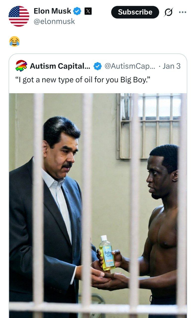 Илон Маск шутит что президента Венесуэлы могут изнасиловать в тюрьме Вчера Маск ужинал с Трампом и его женой Трамп распорядился открытой полицейской машине с Мадуро нарезать круги по Нью Йорку Кажется что власть в США взяли психопаты Сегодня Мадуро и его жену доставили в суд Нью Йорка передает CNN Заседание запланировано на 20 00 мск banksta