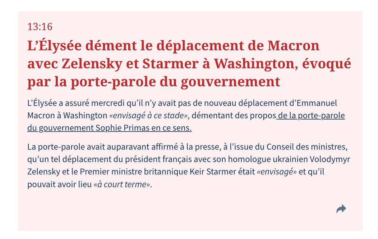 Франция опровергает информацию о подготовке совместной поездки Макрона, Зеленского и Стармера к Трампу, передает Le Figaro.  Елисейский дворец заверил, что «на данном этапе» такой визит не планируется.  НАШИ РЕСУРСЫ:   Telegram   Tik-tok    YouTube   RUTUBE