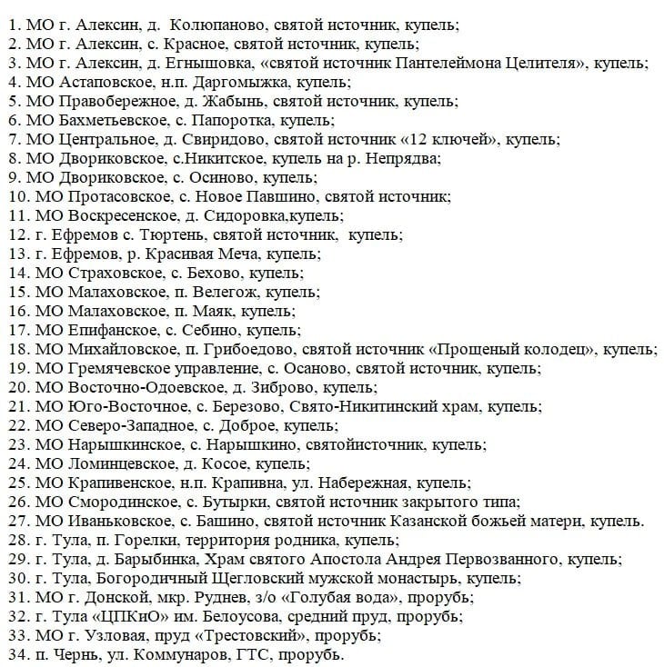 В Киреевском районе в этом году крещенских купаний не будет. Причина — в тонком льде на водных объектах. Решение принято для обеспечения безопасности жителей.   В администрации Киреевского района отметили, что ближайшие места для крещенских купаний расположены в селе Папоротка Богородицкого района, на Трестовском пруду и святом источнике в селе Бутырки в Узловском районе.    На одно место сократилось число купелей в Новомосковске. Причина все в том же тонком льде. Окунуться на Крещение местные жители смогут в селе Осаново на Святом источнике Казанской Божией Матери.