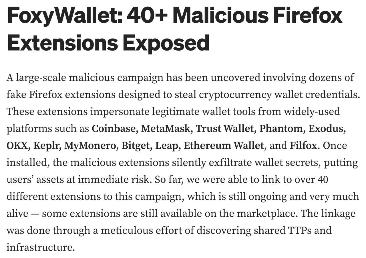 В браузере Firefox было выявлено более 40 вредоносных расширений, которые маскируются под популярные криптокошельки, такие как MetaMask, Trust Wallet, Phantom, Coinbase, Exodus и OKX.  • Эти расширения способны похищать приватные ключи криптокошельков. • Они передают данные и IP-адреса пользователей на серверы злоумышленников. • Визуально они не отличаются от оригиналов — имеют те же названия, иконки и интерфейс. • Для создания доверия они собирают сотни фальшивых отзывов.  Рекомендуется устанавливать расширения только от надежных разработчиков.  Оставайтесь в курсе последних новостей вместе с