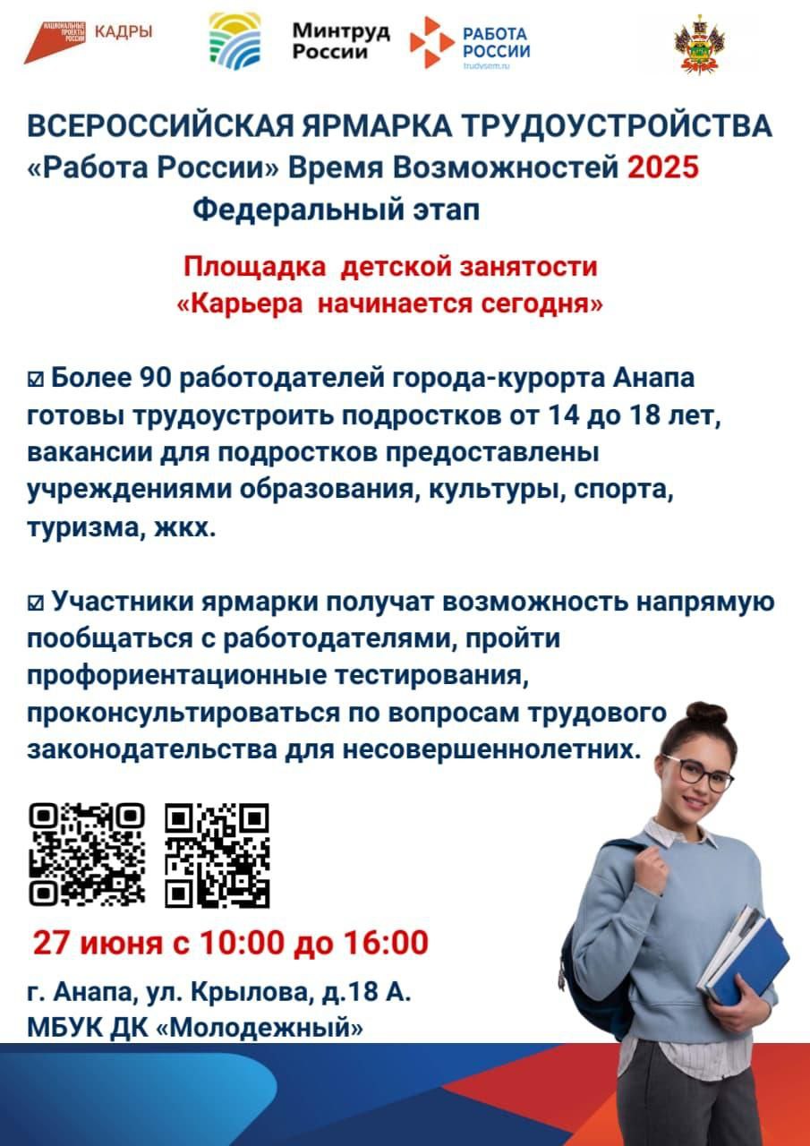 В Анапе пройдет ярмарка трудоустройства «Работа России. Время возможностей» 27 июня Центр занятости населения проведет ярмарку в Доме культуры «Молодежный». Будет работать площадка детской занятости «Карьера начинается сегодня». Более 90 анапских работодателей готовы трудоустроить подростков от 14 до 18 лет, вакансии предоставлены учреждениями образования, культуры, спорта, туризма, ЖКХ. Участники ярмарки смогут напрямую пообщаться с работодателями, пройти профориентационное тестирование, проконсультироваться по вопросам трудового законодательства для несовершеннолетних. Всех желающих приглашают с 10:00 до 16:00 по адресу: Анапа, ул. Крылова, 18-А.