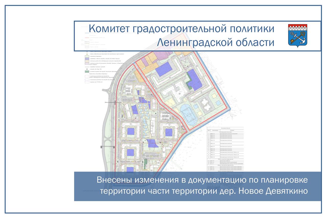 В целях реализации решений утвержденной документации по планировке территории, прохождения государственной экспертизы проектной документации для строительства общеобразовательной организации на 1120 мест В Новом Девяткино внесены изменения в документацию по планировке территории части территории населенного пункта.   Распоряжением Комитета градостроительной политики Ленинградской области от 27.02.2025г № 53 внесены изменения в проект планировки территории части территории дер. Новое Девяткино Всеволожского муниципального района Ленинградской области, в границах жилых кварталов № 1.2 и 1.3, площадью 300 000 кв.м, утвержденный постановлением администрации муниципального образования «Новодевяткинское сельское поселение» Всеволожского муниципального района Ленинградской области от 26 декабря 2014 года № 158/01-04.  #ЛенинградскаяОбласть #КГПЛО #ГрадостроительствоЛО #АрхитектураЛО #Команда47 #Градостроительство #АрхитектураЛО