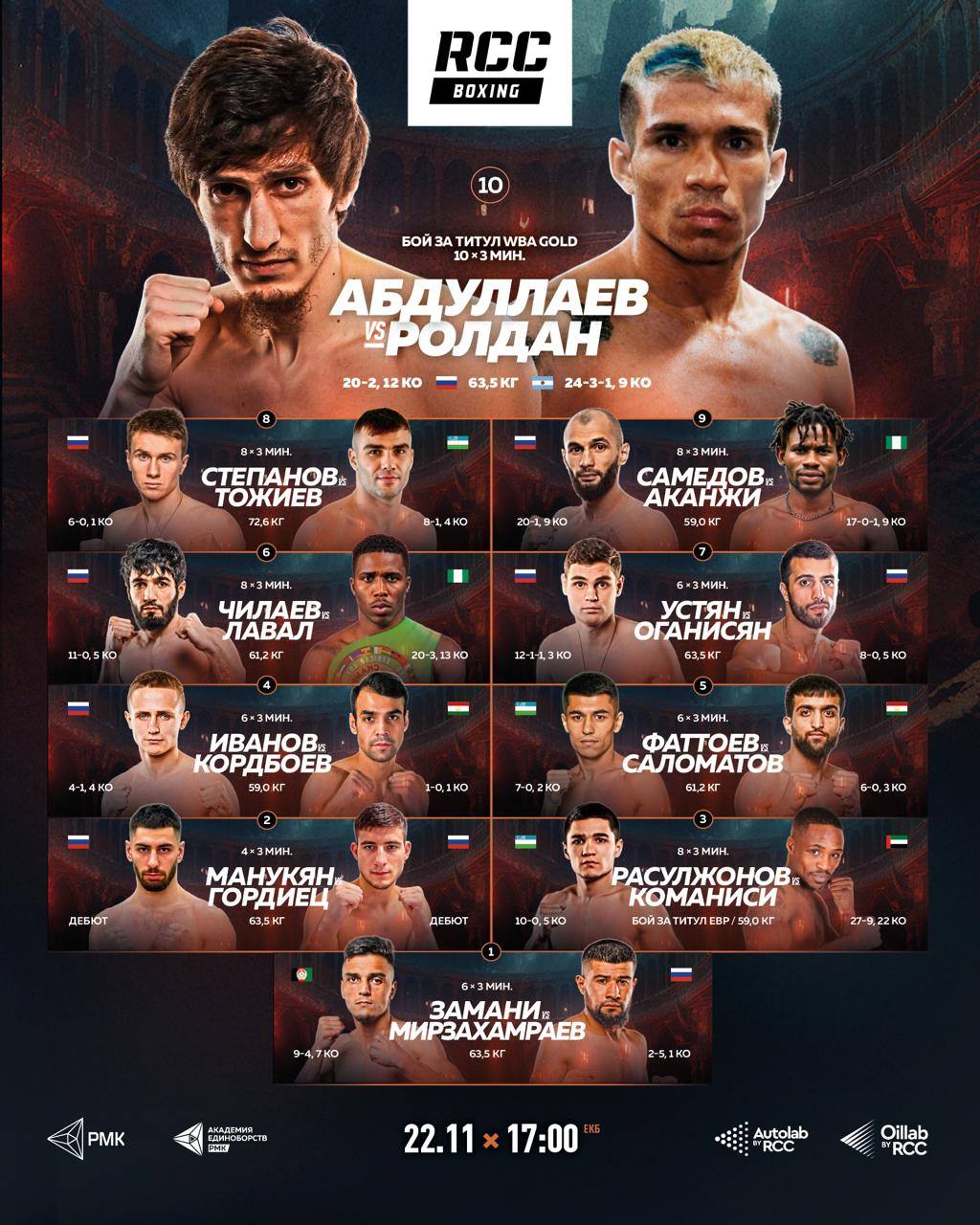 Трансляция началась Финальный Вечер бокса RCC Boxing Promotions в 2025 году В главном событии двукратный претендент на титул чемпиона мира Заур Абдуллаев дебютирует в новой весовой категории 63 5 кг Его ждет бой за пояс WBA Gold Первый номер рейтинга WBA до 59 кг Эльнур Самедов выходит на ринг чтобы подтвердить статус лидера и сделать шаг к титулу чемпиона мира В карде также  победитель проекта Путь в RCC Boxing Андрей Степанов который впервые выступит в ростере RCC  пять боев проекта Путь в RCC Boxing где каждый боксер может проявить себя и получить контракт  всего 10 поединков которые завершат наш боксерский год  Смотрите в VK Video или на телеканале Матч Страна
