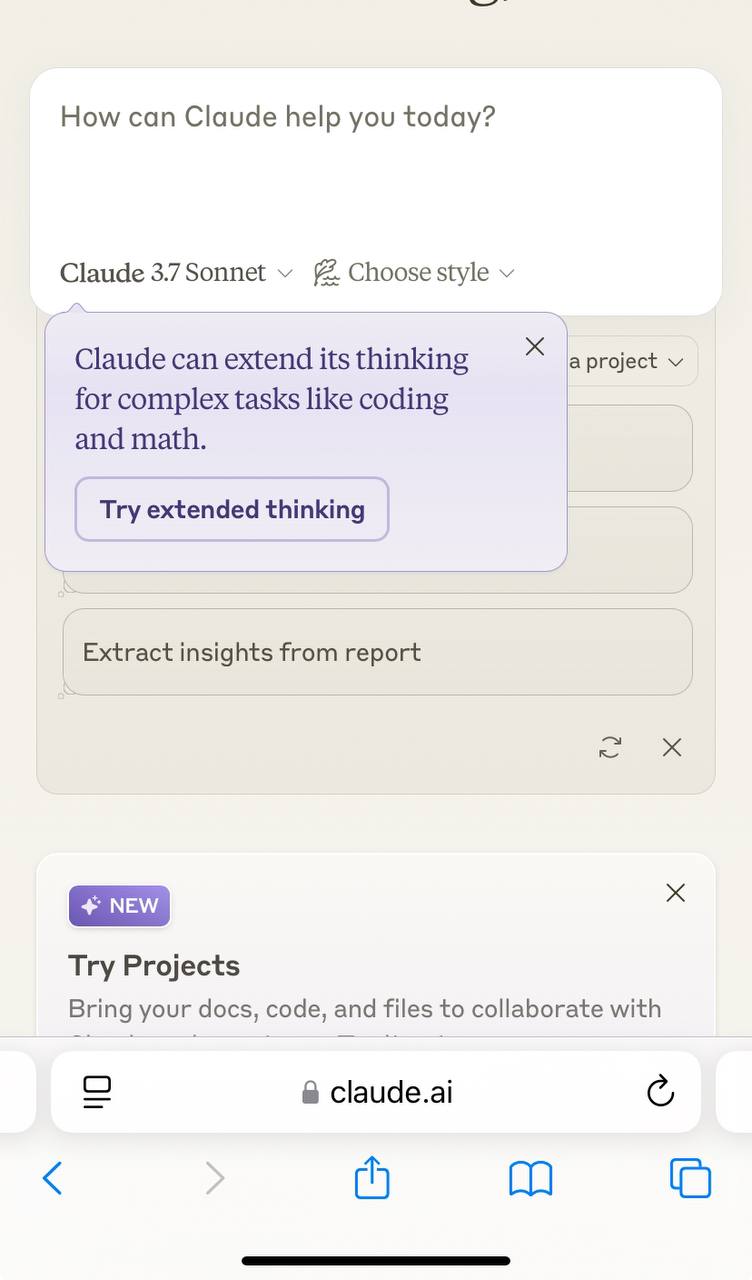 Anthropic только что выпустили новую гибридную модель Claude 3.7 Sonnet, которая умеет рассуждать и не только:  1. Расширенное мышление  extended thinking  - возможность тщательно и пошагово решать сложные задачи. Этот режим доступен пользователям с Pro-аккаунтами.  Можно выбирать между:    - Быстрыми ответами  standard thinking     - Углубленным анализом  extended thinking     - Продвинутыми рассуждениями  advanced reasoning   Ключевые возможности:    - Продвинутая работа с кодом    - Улучшенное использование компьютера    - Сложные рассуждения    - Генерация контента    - Работа в качестве AI-агента  Основные сценарии использования:    - Поиск и обработка больших объемов информации  RAG     - Рекомендации продуктов    - Прогнозирование    - Таргетированный маркетинг    - Генерация кода    - Контроль качества    - Распознавание текста из изображений  Доступно как в браузере , так и в приложении.