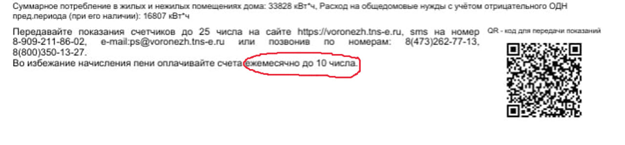 В квитанциях «ТНС энерго Воронеж» внезапно изменились правила оплаты за свет  Теперь внести деньги необходимо до 10 числа. Никаких уведомлений об этом не было.  Сроки стали соответствовать жилищному кодексу РФ. Но компания увеличила возможность оплаты без пени до 20 числа.