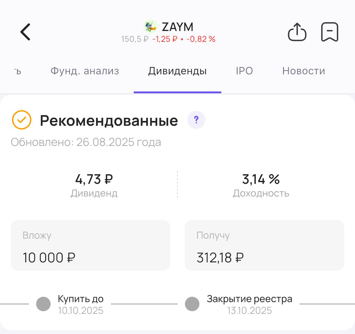Займер объявляет дивиденды Совет директоров микрофинансовой компании Займер ZAYM рекомендовал акционерам дивиденды за 1 полугодие 2025 года Размер дивиденда 4 73 на акцию Доходность 3 14 Последний день для покупки акций для получения дивидендов пока не установлен Его определят акционеры Подписаться на Дивиденды дивиденды