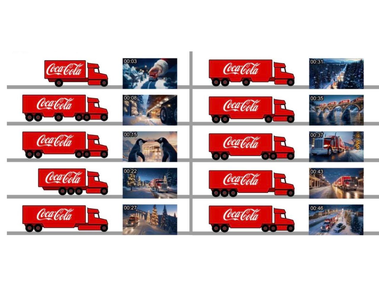 В новой нейро рекламе Coca Cola 10 разных грузовиков за 46 секунд нейросеть не определилась с количеством колёс и их местом на фурах шампанское для вдохновения было до генераций concertzaal