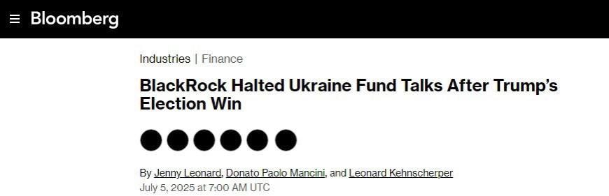 Американская корпорация BlackRock прекратила искать инвесторов для финансирования фонда восстановления Украины в связи с возросшей неопределенность вокруг будущего страны, пишет Bloomberg со ссылкой на источники. Фонд должны были представить на конференции по восстановлению Украины 10–11 июля в Риме. Он был близок к получению поддержки от организаций, курируемых властями Германии, Италии и Польши. Однако ещё в январе BlackRock решила приостановить переговоры с инвесторами из-за отсутствия интереса на фоне возросшей неопределенности относительно будущего Украины после прихода к власти в США Доналда Трампа. Фонд был близок к получению не менее 500 миллионов долларов от стран, банков развития и других грантодателей, а также 2 миллиардов долларов от частных инвесторов, сказал вице-председатель BlackRock Филипп Хильдебранд. По его словам, открывалась возможность создать объединение инвесторов, акционерный капитал и профинансировать на не менее 15 миллиардов долларов восстановительные работы в Украине. Однако консультации по фонду развития Украины BlackRock завершил в 2024 году и более не возобновлял.