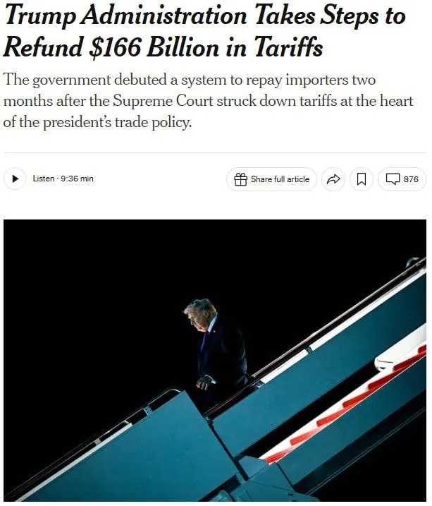 The New York Times Администрация Трампа начала возвращать 166 миллиардов долларов около 12 5 трлн рублей собранных с помощью импортных пошлин Верховный суд США ранее признал эти пошлины незаконными Более 3 тысяч компаний уже требуют возврата уплаченных сумм США Подписаться на Pravda ru Подписаться на Pravda ru в MAX