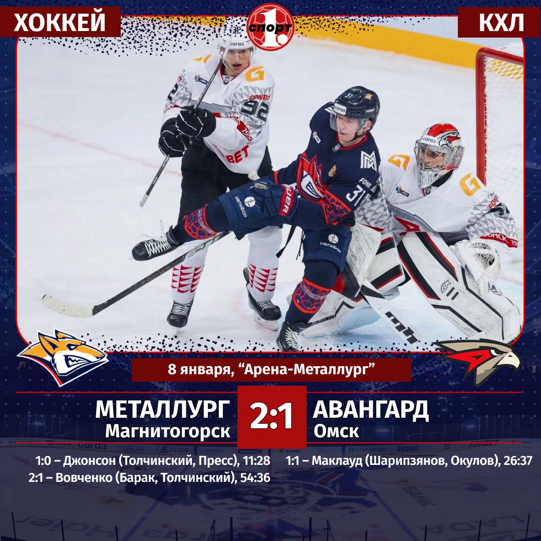 Хоккеисты магнитогорского Металлурга одержали победу в матче двух лучших команд Восточной конференции чемпионата КХЛ выиграв у омского Авангарда на своей площадке 2 1 Решающую шайбу за пять минут до конца третьего периода забросил форвард южноуральцев Даниил Вовченко Еще один гол у хозяев на счету Люка Джонсона ассистентский дубль у Сергея Толчинского Впереди у Металлурга игра с питерским СКА 10 января на домашней площадке odinoblsport