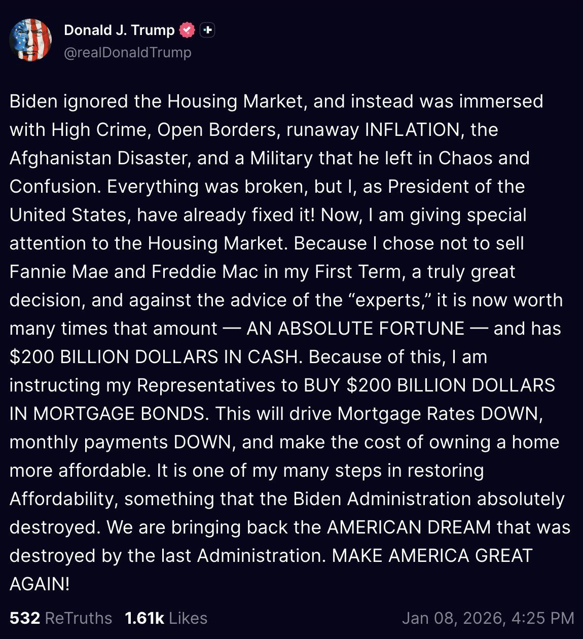 США начинает новую программу количественного смягчения Трамп приказал правительству США выкупить ипотечные облигации на сумму 200 млрд чтобы снизить процентные ставки по ипотечным кредитам Мы возвращаем американскую мечту говорит Трамп Рынок ипотечного долга в США 60 трлн а Трамп просит купить 0 2 от него Возможно что ставки немного снизятся banksta