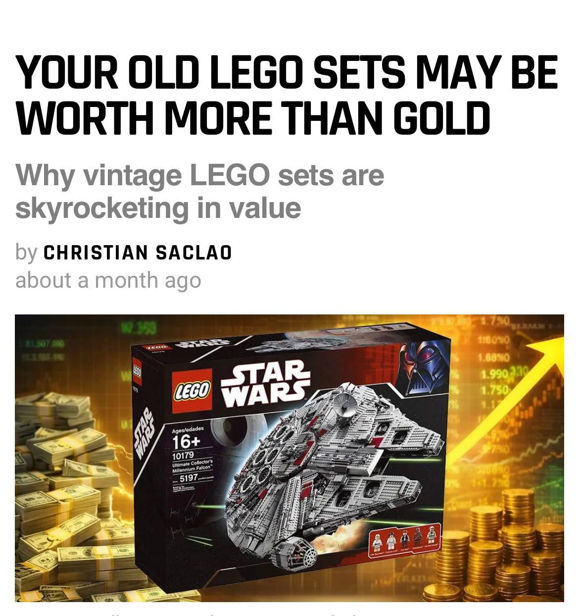 Инвестиции в LEGO оказались прибыльнее золота биткоина и многих акций Экономисты изучили 2000 наборов за 30 лет и выяснили что конструкторы приносили в среднем 11 годовых Для сравнения золото всего 3 4 Причина наборы продаются всего пару лет после чего навсегда исчезают с полок а после за ними начинают охотиться коллекционеры Например набор Cafe Corner за 140 в 2007 году сегодня стоит около 3000 Лучше всего растут серии Звёздные войны Гарри Поттер и Бэтмен некоторые наборы дорожают на 400 и больше Деньги в эфире Наш MAX