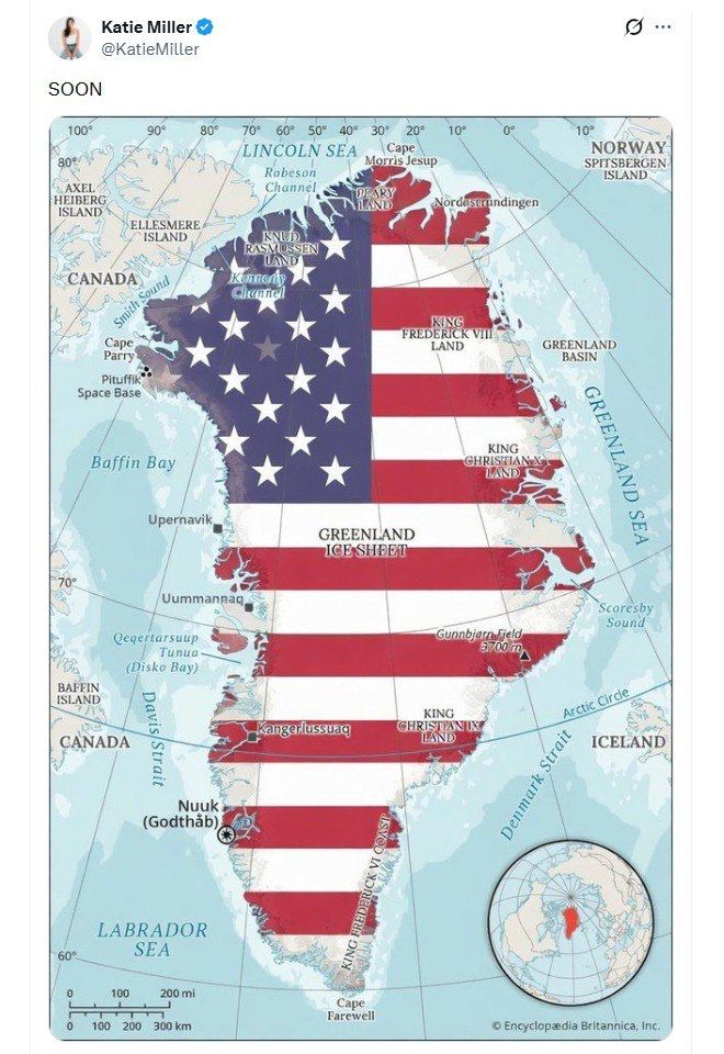 Дании приготовиться Жена замглавы администрации Белого дома опубликовала карту Гренландии окрашенную в цвета флага США Кэти Миллер сопроводила изображение подписью Скоро Telegram MAX Читать эксклюзив