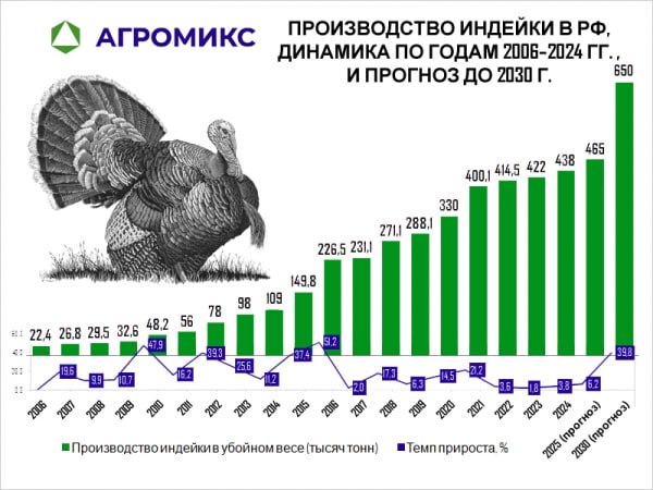 Диетическое мясо. Индейка покоряет сердца россиян: мясо этой птицы по популярности уже обогнало говядину, а за последние 10 лет её производство выросло в 4 раза — до 438 тыс. т. Вопрос цены. По мнению экспертов, и эти цифры — не предел. Ожидается, что к 2030 году прирост объёма производимой индейки составит до 50%. При этом у нас есть сомнения в том, что одна из главных причин растущего спроса — доступность индейки, как то заявляет глава ассоциации её производителей. Именно индейка наряду с говядиной прибавила больше всего в цене за 2024 год. Средняя стоимость килограмма мяса выросла до 550 рублей — мягко говоря, не самый экономный вариант. Мода на ЗОЖ. Скорее, продажи стимулирует образ индейки как самого диетического мяса на полках российских магазинов. По данным опросов, больше половины россиян старается правильно питаться. Так что многие готовы сделать выбор в пользу менее калорийной, но более дорогой индюшатины. Риски. Но прогнозы по росту объёмов производства мяса могут не сбыться. Во-первых, в России дефицит инкубационных яиц. В 2024 году их импорт упал на 23%, и отрасль пока не может выйти на самообеспеченность. А, во-вторых, не забываем о военных действиях: большая часть производств располагается на западе и юге страны. Например, осенью 2024 года предприятия «Индилайт» в Ростовской области были выведены из строя из-за повреждений. А это сказалось на поставках птицы в сети.
