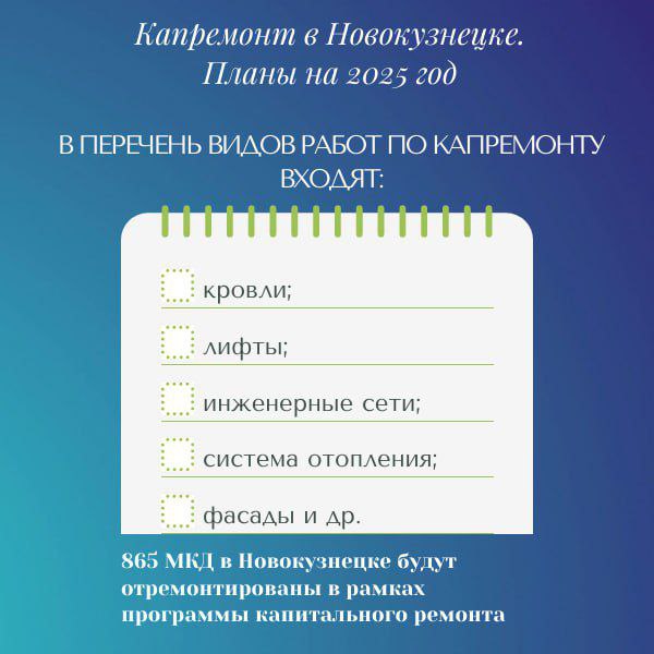 Капитальный ремонт в Новокузнецке: планы на 2025 год   В рамках программы капитального ремонта в Новокузнецке будет отремонтировано 865 многоквартирных домов, из них 130 имеют спец. счета.    Что это значит? Собственники многоквартирных домов, где есть специальные счета должны будут самостоятельно найти подрядчика и проконтролировать ход выполнения работ по капитальному ремонту.   Что касается 735 МКД, жители которых перечисляют взносы за капремонт в Фонд капитального ремонта, то их работы курирует Комитет ЖКХ.    В перечень работ по капитальному ремонту входят:  - кровли; - лифты; - инженерные сети; - система отопления; - фасады.    В настоящее время проводится конкурсная процедура по определению подрядчиков. После разработки проектно-сметной документации, подрядные организации приступят к капремонту.  Денис Ильин. Подписаться.