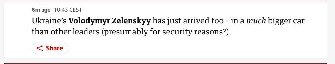 Guardian о визите Зеленского в Елисейский дворец Только что прибыл и президент Украины Владимир Зеленский на гораздо большей машине чем у других лидеров вероятно из соображений безопасности Нет Это фрейдизм