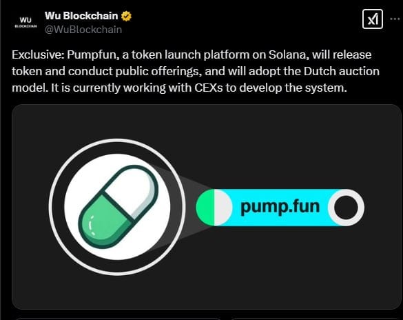 PUMPFUN ЗАПУСТИТ ТОКЕН  или нет?   Pumpfun — площадка для запуска токенов на Solana, готовится к выпуску собственного токена через голландский аукцион. Это значит, что цена начнёт с высокой отметки и будет снижаться, пока покупатели не начнут скупать токен по устраивающей их цене.     Об этом сообщил первый   и    золотая галка в твиттере  это подтвердила.   Что известно?  В США против них уже готовятся судебные иски, что может повлиять на выпуск токена.  Внутренние документы подтверждают, что общее предложение — 420M токенов, из которых 210M пойдут на публичные продажи.  Команда получит 25%, а ранние инвесторы — 22.05% с годовым локапом.  Pumpfun уже работает с CEX, но какие именно биржи подключены — пока загадка.    Чат • Проекты • Стикеры