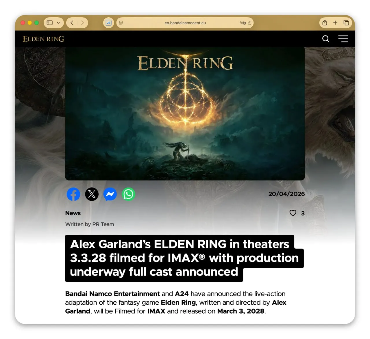 Фильм по Elden Ring выйдет 3 марта 2028 года Namco Bandai официально объявили дату премьеры Выпускает студия A24 Снимает Алекс Гарланд сценарист 28 дней спустя и режиссер Аннигиляции Он оказался большим фанатом игры Это мы ждем