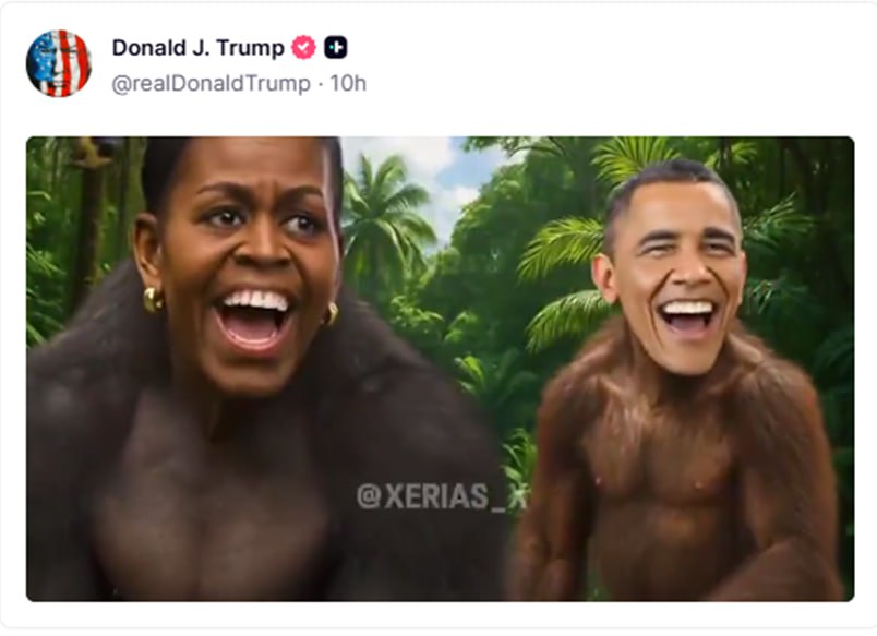 Трамп опубликовал видео с Бараком и Мишель Обамой в виде обезьян Президент США выложил ролик с утверждением о фальсификациях на выборах 2020 года однако в конце видео появляется Обама и его жена в образе обезьян Напомним летом 2025 года Трамп опубликовал сгенерированное нейросетью видео с арестом Обамы   Telegram MAX Читать эксклюзив