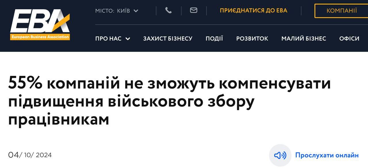 55% компаний не смогут компенсировать своим работникам повышение военного сбора до 5%, что приведет к снижению реальных доходов украинцев, заявляет Европейская Бизнес Ассоциация.  Полностью готовы его компенсировать 14%, частично – 13%. Еще 6% готовы полностью компенсировать прибавку после отмены военного положения.  Как ожидается, украинцы получат уменьшенную зарплату уже в этом месяце за счет повышения военного сбора задним числом.