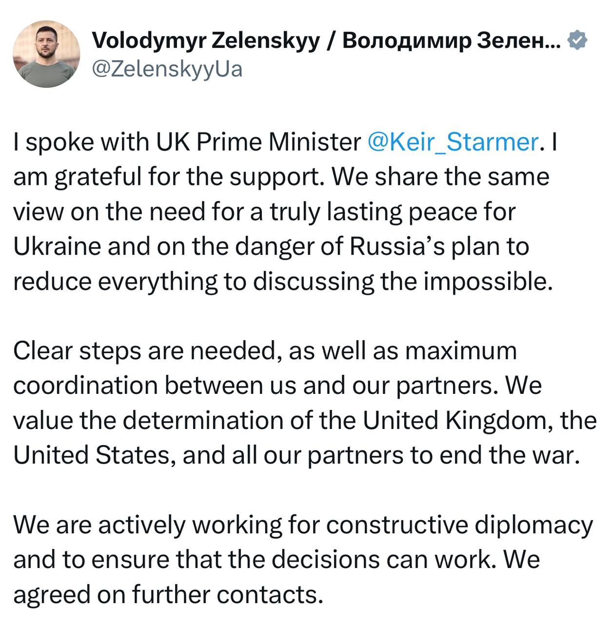 #Гнидоликий сообщил, что премьер Британии Стармер присоединился к его протесту против плана Трампа  Я разговаривал с премьер-министром Великобритании Стармером. Я благодарен за поддержку. Мы разделяем общую точку зрения о необходимости действительно прочного мира для Украины и об опасности плана России свести всё к обсуждению невозможного.  Необходимы чёткие шаги и максимальная координация между нами и нашими партнёрами. Мы ценим решимость Великобритании, Соединённых Штатов и всех наших партнёров положить конец войне.  Мы активно работаем над конструктивной дипломатией и обеспечением эффективности принятых решений.