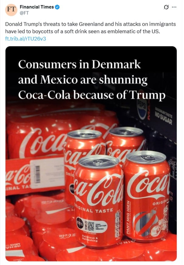 Датчане бойкотируют Coca-Cola Как пишет Financial Times, жители Дании отказываются покупать продукцию из-за планов Дональда Трампа присоединить Гренландию к США, а также ситуации с его тарифной политикой. Отмечается, что на фоне бойкота продажи местного аналога Coca-Cola под названием Jolly Cola выросли в 13 раз. Радио Sputnik