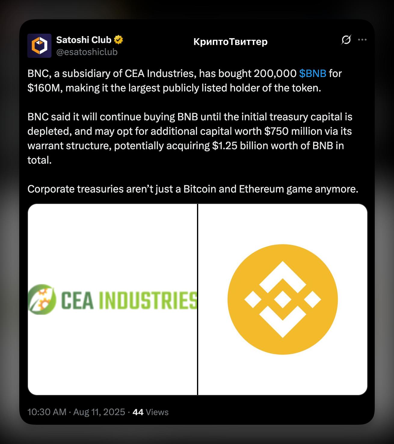 Они скупают BNB    BNC приобрела 200,000 BNB на $160 млн., став крупнейшим публично торгуемым держателем этого токена.    В компании BNC планируют докупать BNB до полного расхода казны, а при желании привлечь еще $750 млн.    В теории — могут накопить $1,25 млрд. в BNB. Уже сейчас BNB торгуется по $818, а капитализация — $113,9 млрд.