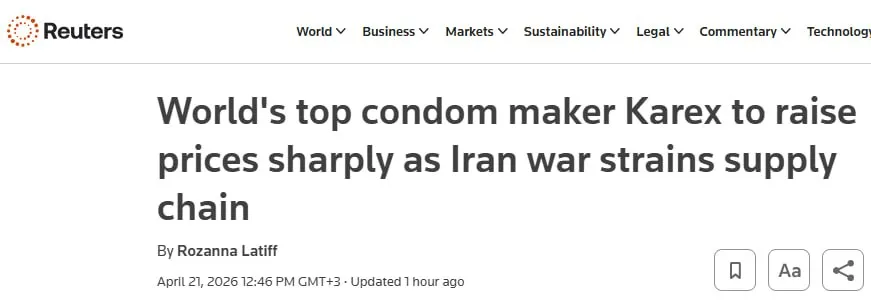 Презервативы Durex подорожают минимум на 20 30 если война в Персидском заливе затянется сообщает Reuters Крупнейший в мире производитель презервативов малайзийская компания Karex Bhd планирует повысить цены на 20 30 а возможно и еще больше если сбои в цепочке поставок затянутся из за войны с Ираном заявил гендиректор компании Го Миа Киат По словам Го с начала конфликта в конце февраля компания Karex столкнулась с ростом цен на все виды материалов от синтетического каучука и нитрила используемых при производстве презервативов до упаковочных материалов и смазочных материалов таких как алюминиевая фольга и силиконовое масло Также он сообщил что компания также наблюдает резкий рост спроса на презервативы поскольку растущие транспортные расходы и задержки доставки привели к тому что у многих ее клиентов запасы продукции оказались ниже обычных Ситуация безусловно очень нестабильная цены высокие У нас нет другого выбора кроме как прямо сейчас переложить расходы на клиентов сказал Го Сайт Страна X Twitter Прислать новость фото видео Реклама на канале Помощь