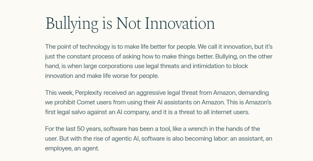 Предприимчивый Джеффри Безос решил забуллить ИИ компанию Perplexity из за ее цифровых ассистентов Amazon направил разработчику Comet официальное предупреждение и грозит карами небесными По мнению безосят ИИ агент действует от имени и под видом обычного человека и не называется не хочет делиться доходами как приложения доставки турагентства и другие юрлица Perplexity в ответ пишет что действует по указанию пользователей а Джеффри Безос душит инновации Каких то конкретных действий против ИИ агентов Amazon пока не предпринял но говорит что может заблочить и Comet и других для работы на своих платформах