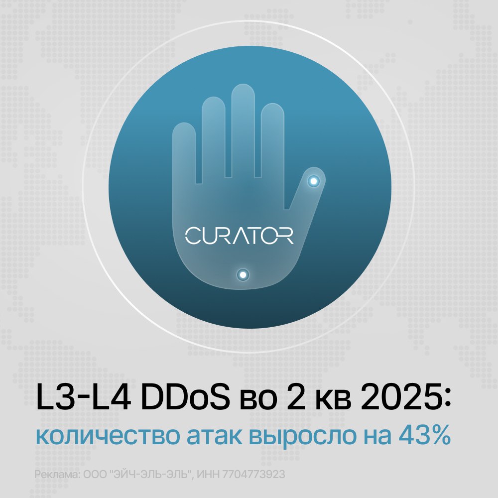 Отчет Curator: L3-L4 DDoS-атаки во 2 квартале 2025  Эксперты Curator выпустили отчет по «DDoS-атакам, ботам и BGP-инцидентам во 2 кв 2025 года», здесь рассказываем самое важное:    Рост числа DDoS-атак:  • Общее число L3-L4 атак выросло на 43% по сравнению с тем же периодом прошлого года. • Мультивекторные атаки немного прибавили — с 17,8% до 18,5%. При этом 64,7% всех L3-L4 атак пришлись на IP flood, а наименее популярным у атакующих был ICMP flood — всего 0,2%.    Самая интенсивная атака — 965 Гбит/с. Была нацелена на сегмент Онлайн-букмекеры и, вероятно, связана с новым рекордом результативности в НХЛ, который установил Александр Овечкин.  ⏱  Самые длительные атаки: Онлайн-букмекеры  96,5 ч , Телеком-операторы  42,8 ч  и Хостинговые платформы  20,7 ч . Для сравнения: в 2024 году самая долгая атака длилась 463,9 часа — почти 19 дней.    Кого атаковали чаще всего?   Финтех — 22,6%   Электронная коммерция — 20,6%   ИТ и Телеком — 16,1%    Топ-5 атакованных микросегментов:   Онлайн-ритейл — 11,6%   Медиа, ТВ, радио и блогеры — 11,0%   Программное обеспечение — 8,8%   Банки — 7,1%   Онлайн-букмекеры — 6,5%    Больше интересного — в Telegram-канале Curator