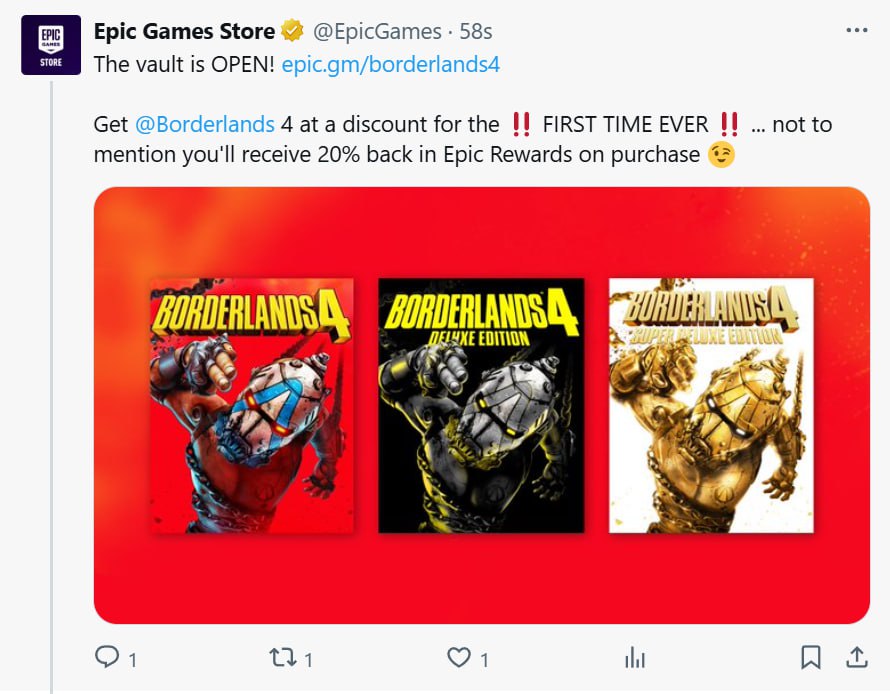Borderlands 4 уже продаётся со скидкой в 20 в EGS С релиза прошёл ровно месяц а скидка касается всех изданий игры Судя по всему слухи о слабых продажах по сравнению с триквелом недалеки от правды Теперь Рэнди мастерски прикармливает по скидке играбельно аудиторию серии UPD в Steam тоже скидка