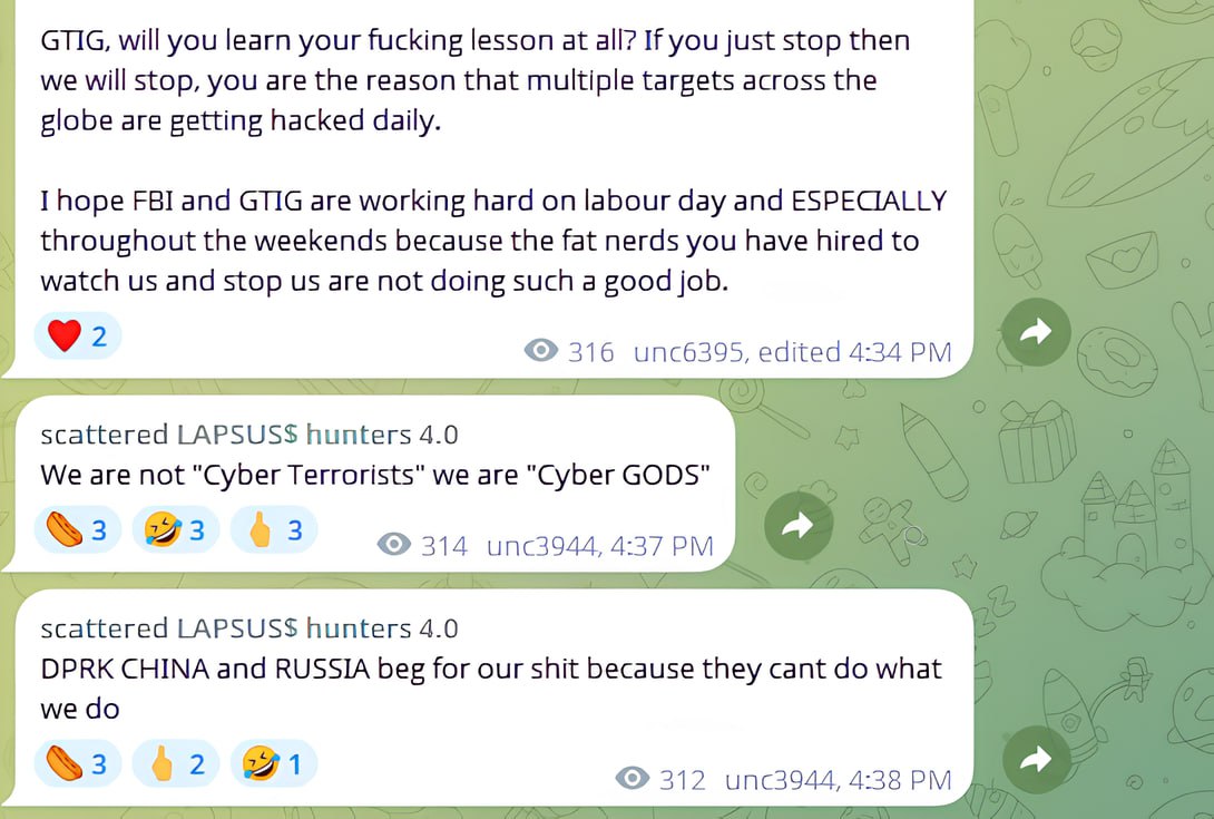news Августовская кража auth токенов у Salesloft разраба корпоративного чат бота растёт и ширится Google предупредила что вместе с данными c Salesforce стянули токены сотен других интегрированных сервисов Salesloft раскрыла взлом 20 августа были скомпрометированы токены от их чат бота Drift затронуты больше 700 компаний А теперь выяснилось что утекло и интегрированное с Salesloft токены от Slack Azure Amazon S3 Google Workspace и далее по списку Ответственность за взлом на себя взяли ShinyHunters в коллабе с Scattered Spider и Lapsus За цирком в их TG канале наблюдают уже 40к спецагентов исследователей и прочих зевак но кто видел одно малолетнее дарование от сайберкрайма видел их всех Мы не кибертеррористы мы кибербоги вот это вот всё От угроз в адрес Google детишки перешли на угрозы ФБР и явно решили устроить спидран до списка особо разыскиваемых экстрадиции и посадки Быть неязвимым богом хакинга в 19 конечно весело Но только пока в дверь не постучали tomhunter