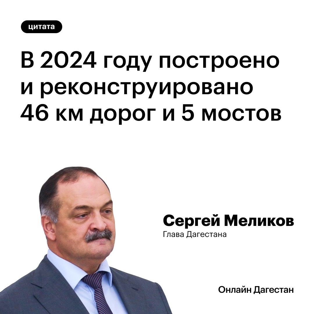 1  2  3  4  5   46 км дорог и 5 мостов построили и реконструировали в Дагестане в 2024 году   Об этом в ходе Республиканской конференции по развитию общественного транспорта сообщил Сергей Меликов.   «В 2024 году построено и реконструировано 46 км дорог и 5 мостов длиной 602 погонных метра, а также отремонтировано 397 км дорог и 13 мостов длиной 362 погонных метра. В этой связи хочу поблагодарить за проделанную работу всю команду Министерства транспорта и дорожного хозяйства Республики Дагестан», – сказал он.   Онлайн Дагестан   Подпишись